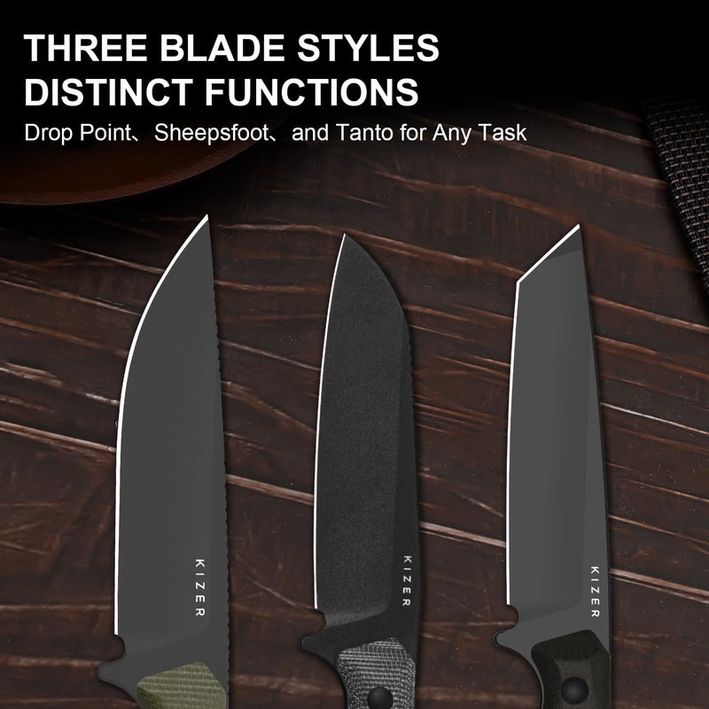 KIZER Begleiter Fix Fixed Blade Knife, 3.74" Tanto 3V Blade Hunting Knives with Kydex Sheath, Brown Richlite Handle EDC Knife for Camping Hunting Survival 1045MT1 - Image 2